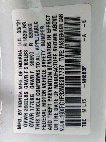 19XFC1F32ME207737 - 2021 HONDA CIVIC EX WHITE photo 13