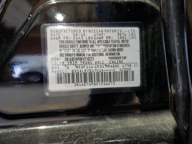 3N1AB7AP8KY216273 - 2019 NISSAN SENTRA S Siyah fotoğraf 13