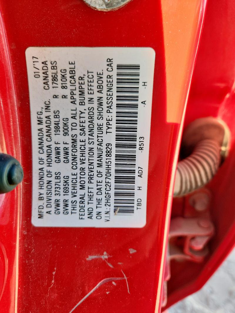 2HGFC2F70HH518829 - 2017 HONDA CIVIC EX RED photo 12