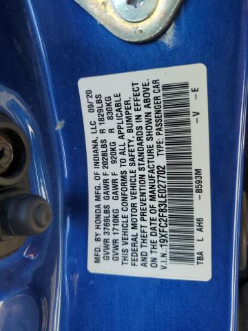 19XFC2F83LE027702 - 2020 HONDA CIVIC SPORT BLUE photo 12