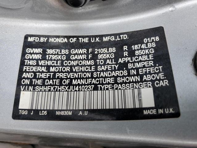 SHHFK7H5XJU410237 - 2018 HONDA CIVIC EX Silber Foto 12