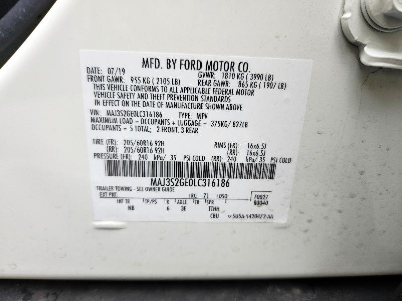 MAJ3S2GE0LC316186 - 2020 FORD ECOSPORT SE WHITE photo 12