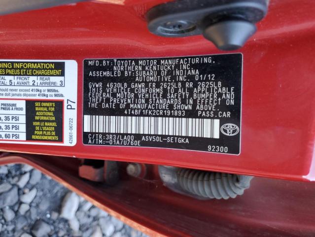 4T4BF1FK2CR191893 - 2012 TOYOTA CAMRY BASE 勃艮第红 照片 13
