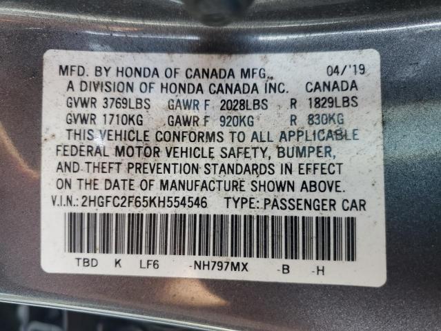 2HGFC2F65KH554546 - 2019 HONDA CIVIC LX GRAY photo 12