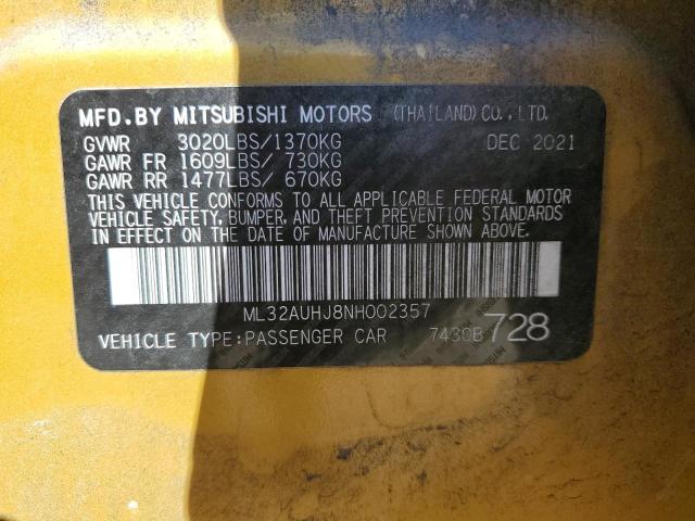 ML32AUHJ8NH002357 - 2022 MITSUBISHI MIRAGE ES Сары фото 13