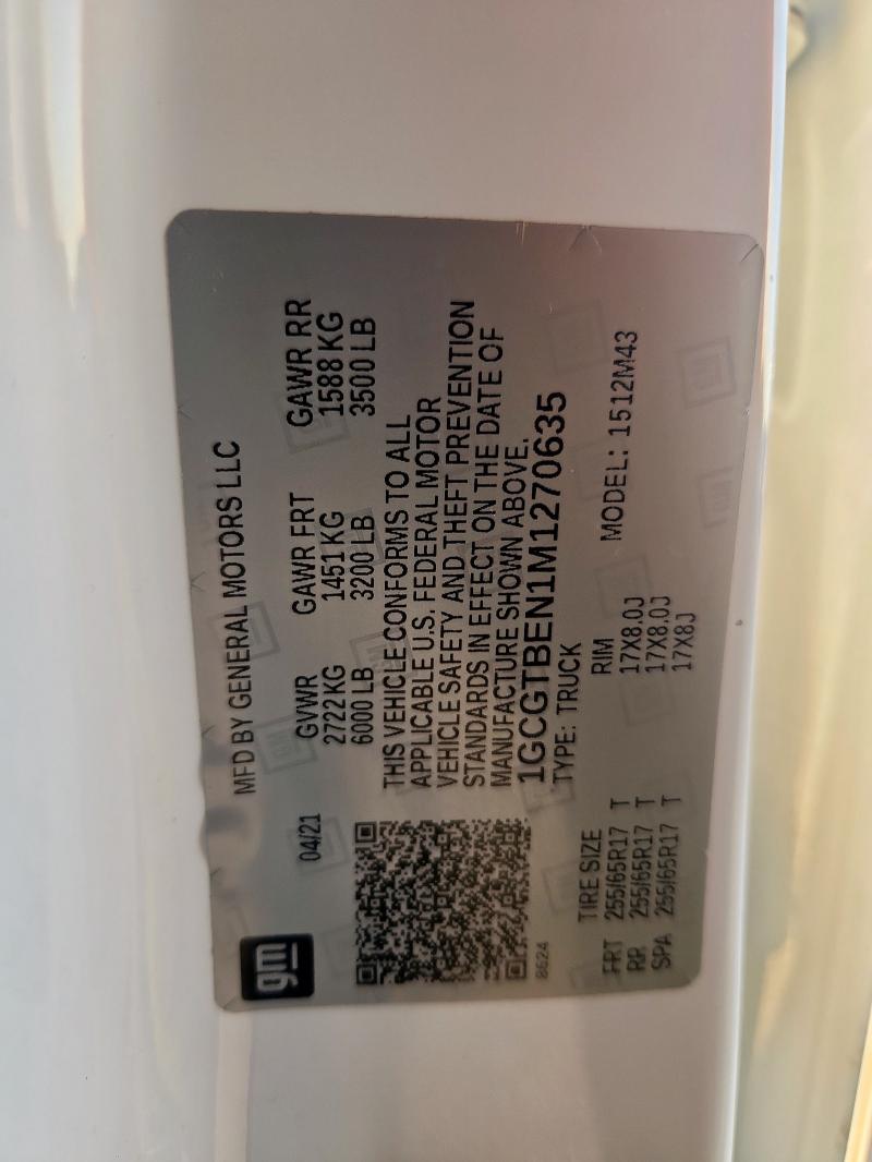 1GCGTBEN1M1270635 - 2021 CHEVROLET COLORADO WHITE photo 12