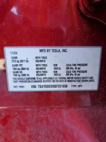 7SAYGDED9SF251690 - 2025 TESLA MODEL Y RED photo 13