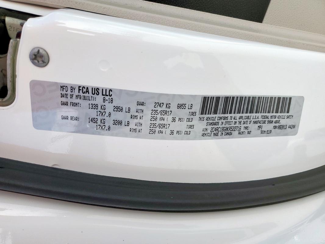 2C4RC1BG0KR522716 - 2019 CHRYSLER PACIFICA TOURING L Білий фото 13