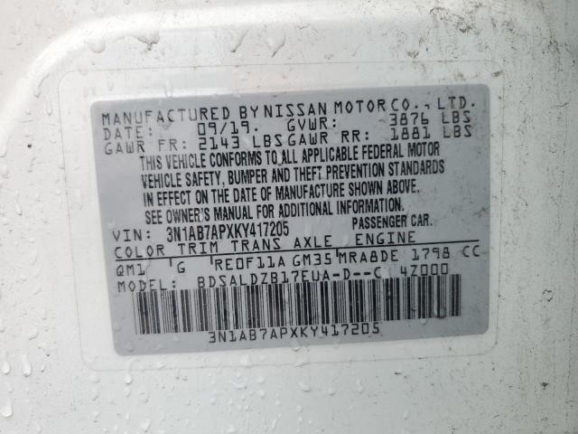 3N1AB7APXKY417205 - 2019 NISSAN SENTRA S WHITE photo 12
