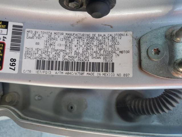 3TMLU4EN0DM106383 - 2013 TOYOTA TACOMA DOUBLE CAB SILVER photo 12