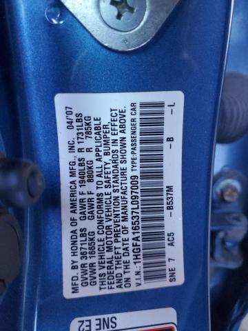 1HGFA16537L097009 - 2007 HONDA CIVIC LX ლურჯი ფოტო 12