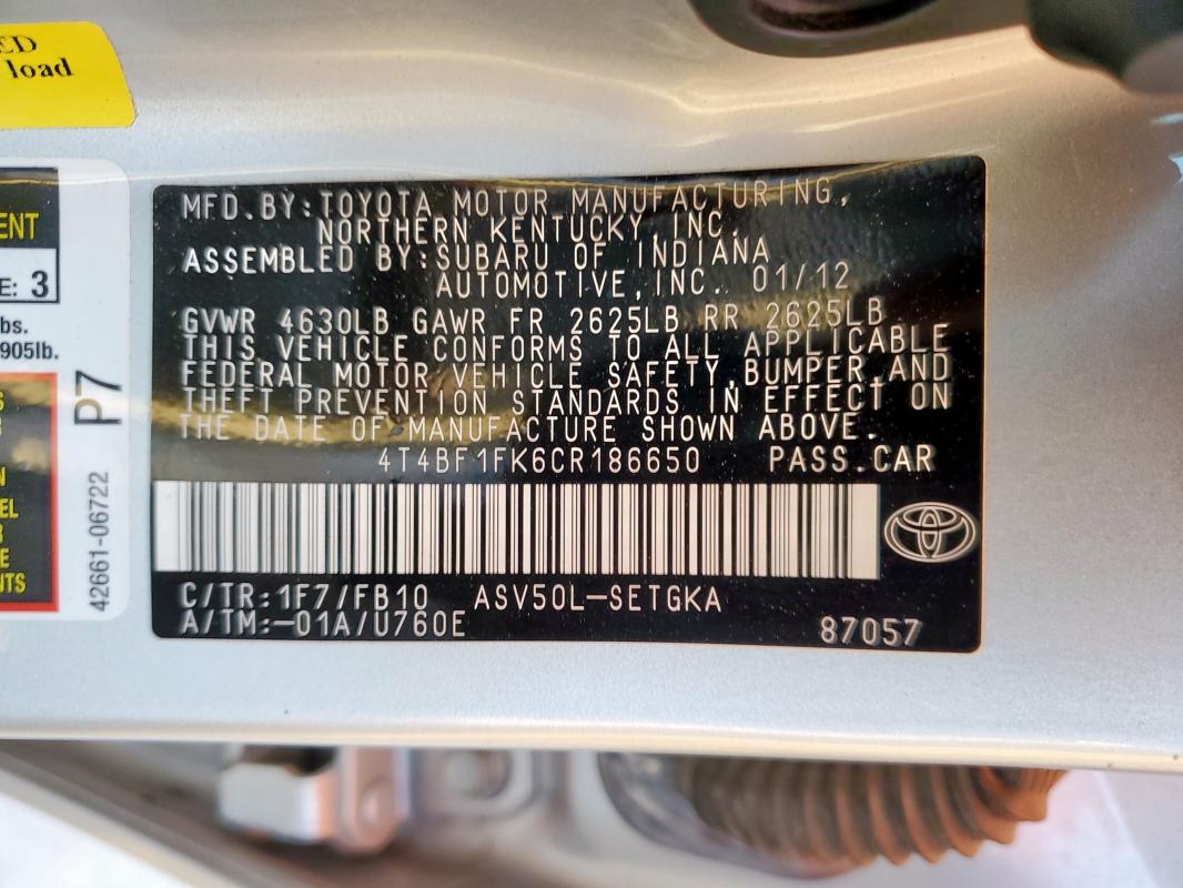 4T4BF1FK6CR186650 - 2012 TOYOTA CAMRY BASE ვერცხლისფერი ფოტო 13