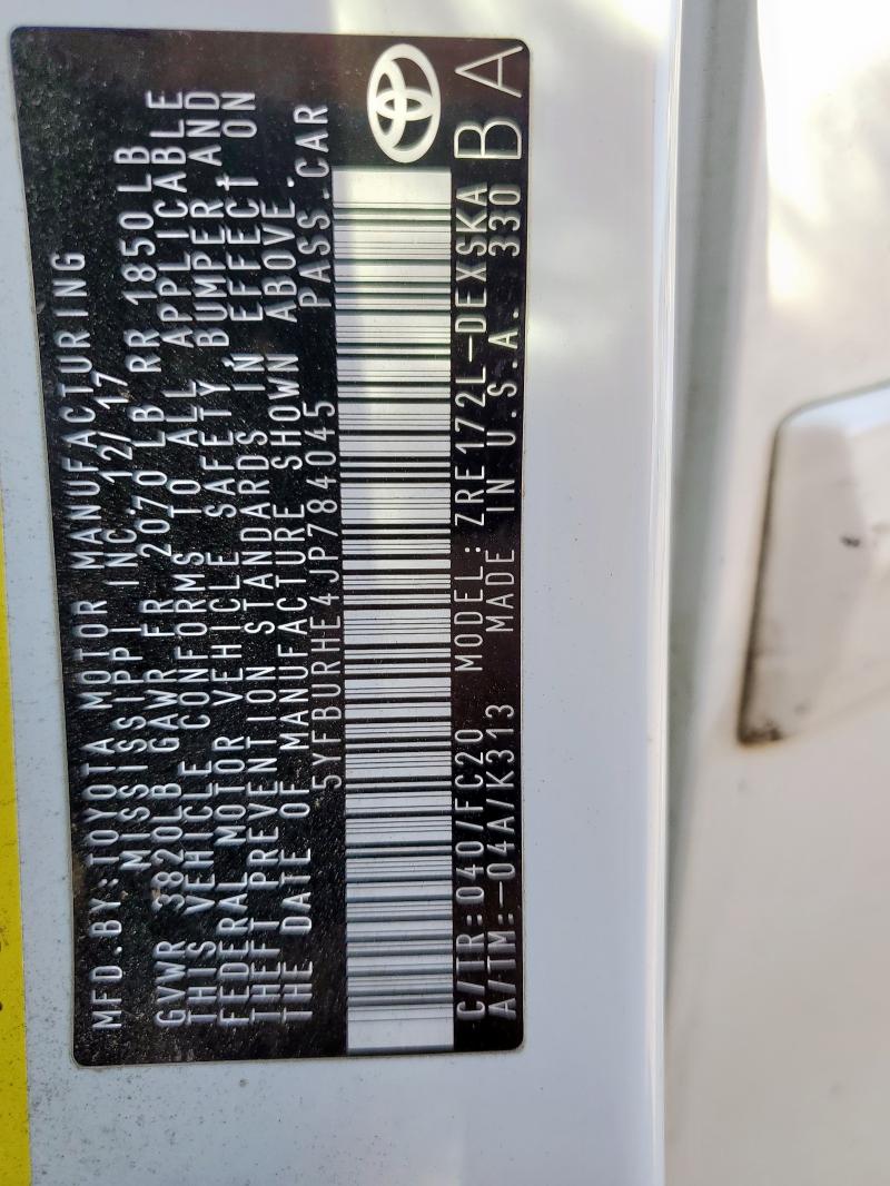 5YFBURHE4JP784045 - 2018 TOYOTA COROLLA L WHITE photo 12