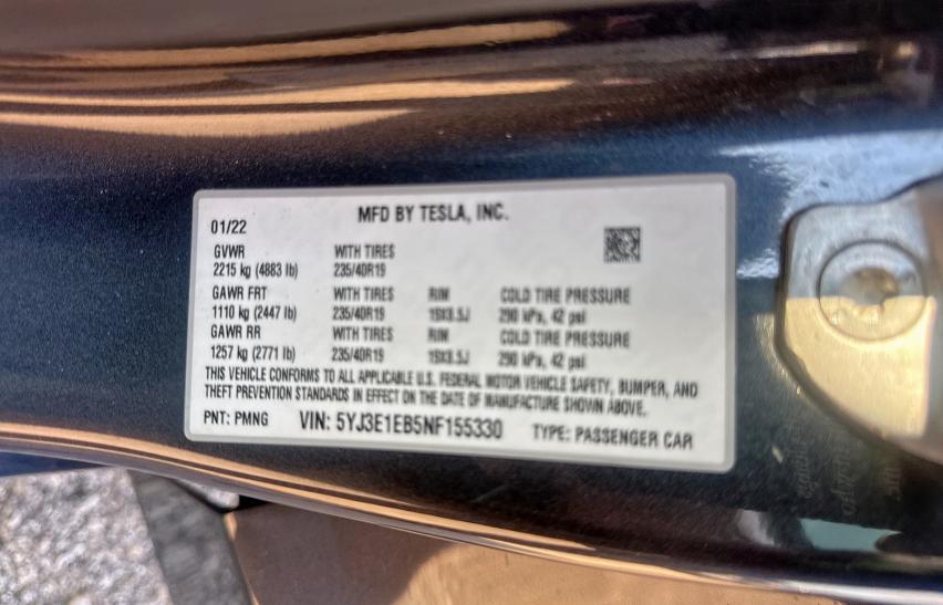 5YJ3E1EB5NF155330 - 2022 TESLA MODEL 3 灰色 照片 10