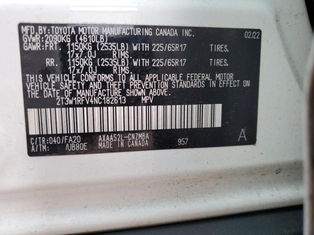 2T3W1RFV4NC182613 - 2022 TOYOTA RAV4 XLE WHITE photo 12