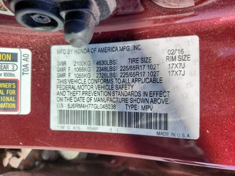 5J6RM4H77GL045038 - 2016 HONDA CR-V EXL RED photo 12