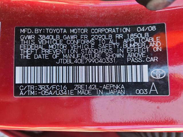 JTDBL40E799040331 - 2009 TOYOTA COROLLA BASE RED photo 13