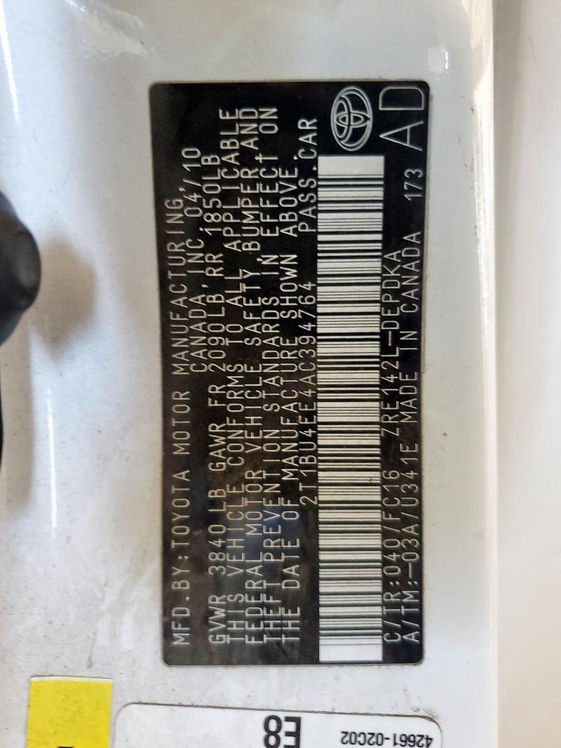 2T1BU4EE4AC394764 - 2010 TOYOTA COROLLA BASE Ақ фото 12