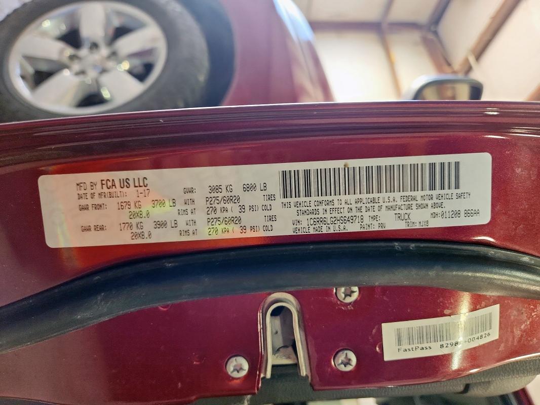 1C6RR6LG2HS649718 - 2017 RAM 1500 SLT MAROON photo 12