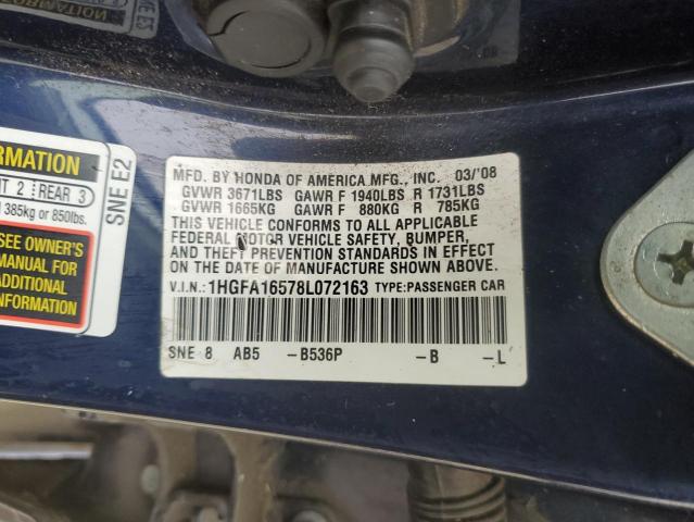 1HGFA16578L072163 - 2008 HONDA CIVIC LX 蓝色 照片 12