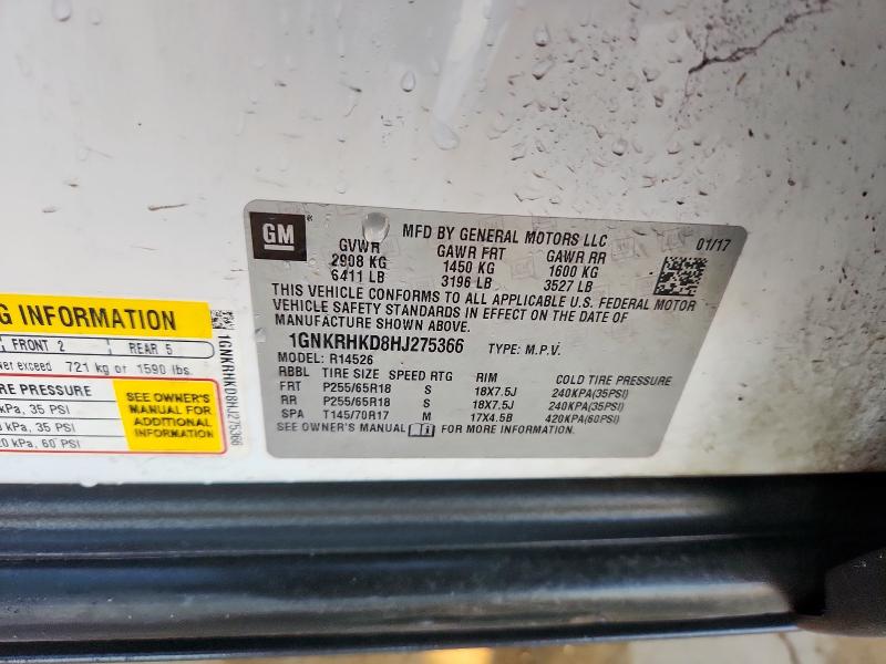 1GNKRHKD8HJ275366 - 2017 CHEVROLET TRAVERSE LT 白色 照片 13