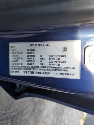 5YJ3E1EA5NF304830 - 2022 TESLA MODEL 3 Bleu photo 12