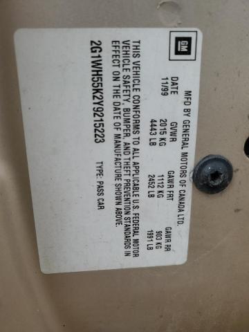 2G1WH55K2Y9215223 - 2000 CHEVROLET IMPALA LS BEIGE photo 12