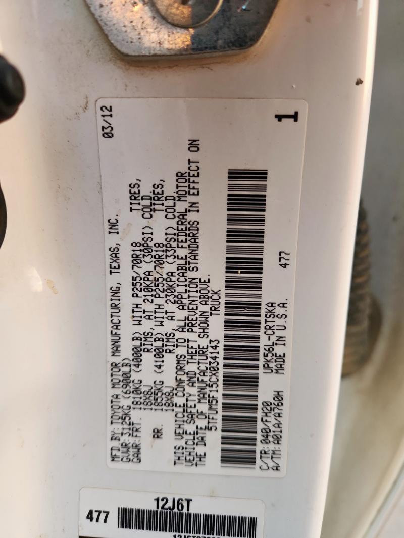 5TFUM5F15CX034143 - 2012 TOYOTA TUNDRA DOUBLE CAB SR5 WHITE photo 12