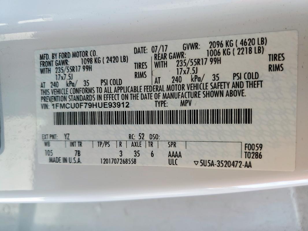 1FMCU0F79HUE93912 - 2017 FORD ESCAPE S 白色 照片 13