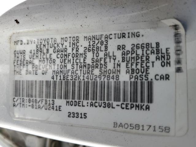 4T1BE32K14U297848 - 2004 TOYOTA CAMRY LE WHITE photo 12