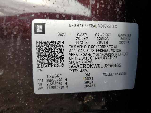 5GAERDKW0LJ256465 - 2020 BUICK ENCLAVE AVENIR 勃艮第红 照片 14