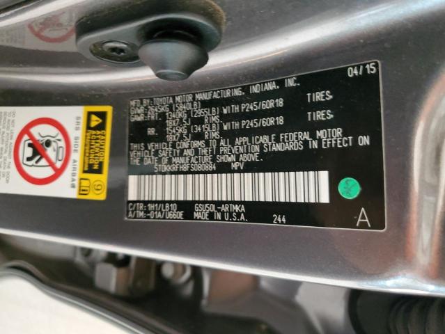 5TDKKRFH8FS080884 - 2015 TOYOTA HIGHLANDER XLE Сірий фото 13