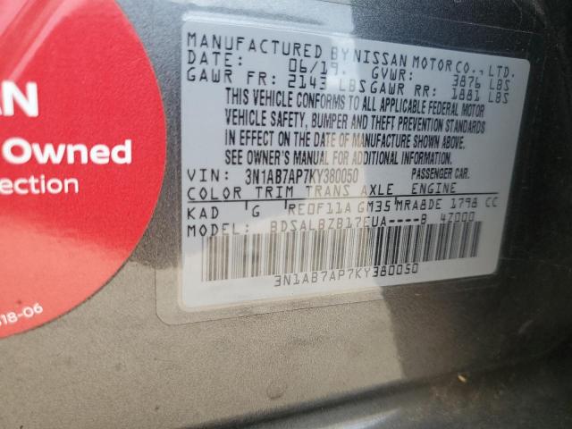 3N1AB7AP7KY380050 - 2019 NISSAN SENTRA S Boz foto 12