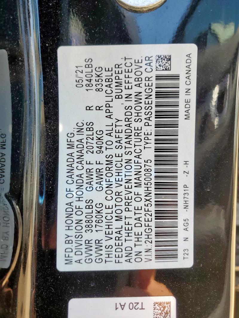 2HGFE2F5XNH500875 - 2022 HONDA CIVIC SPORT 黑色 照片 13