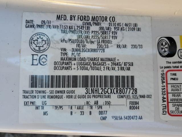 3LNHL2GCXCR807728 - 2012 LINCOLN MKZ WHITE photo 12