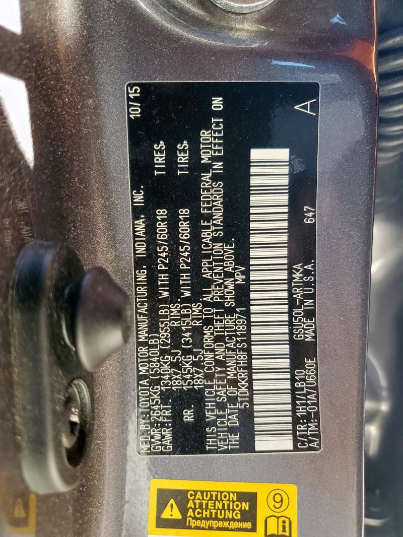 5TDKKRFH8FS118971 - 2015 TOYOTA HIGHLANDER XLE Grau Foto 13