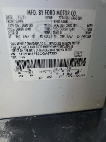 1FMHK8F83CGA67353 - 2012 FORD EXPLORER LIMITED WHITE photo 13