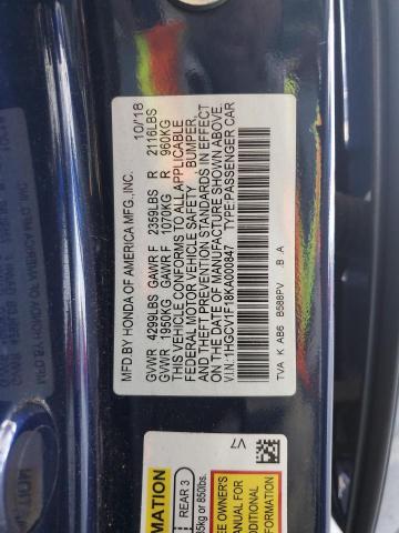 1HGCV1F18KA000847 - 2019 HONDA ACCORD LX ლურჯი ფოტო 12