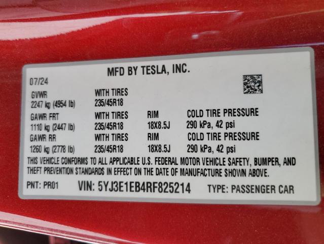5YJ3E1EB4RF825214 - 2024 TESLA MODEL 3 წითელი ფოტო 13