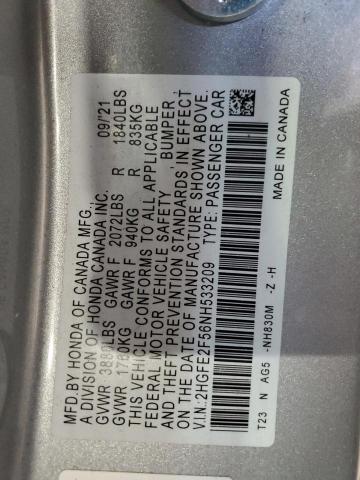 2HGFE2F56NH533209 - 2022 HONDA CIVIC SPORT SILVER photo 12