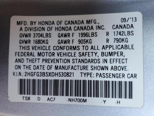 2HGFG3B5XDH530821 - 2013 HONDA CIVIC LX ვერცხლისფერი ფოტო 12