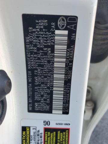 2T1BURHE0JC075676 - 2018 TOYOTA COROLLA L WHITE photo 12