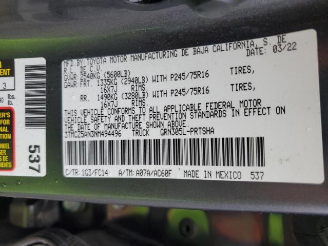 3TMCZ5AN3NM494496 - 2022 TOYOTA TACOMA DOUBLE CAB Gris photo 12