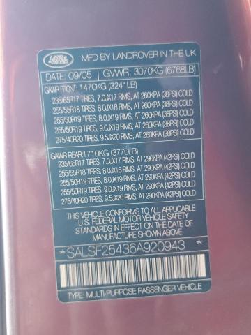 SALSF25436A920943 - 2006 LAND ROVER RANGE ROVE HSE BURGUNDY photo 13