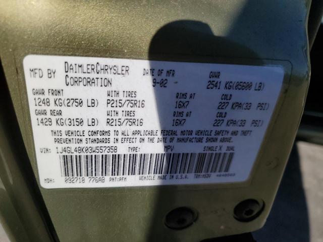 1J4GL48K03W557358 - 2003 JEEP LIBERTY SPORT 绿色 照片 13