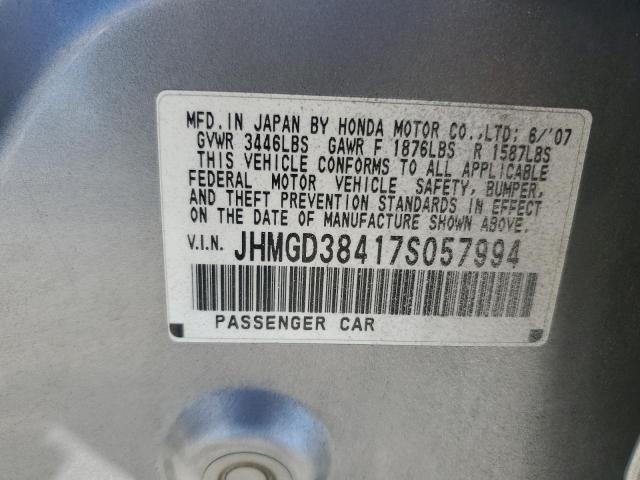 JHMGD38417S057994 - 2007 HONDA FIT SILVER photo 12