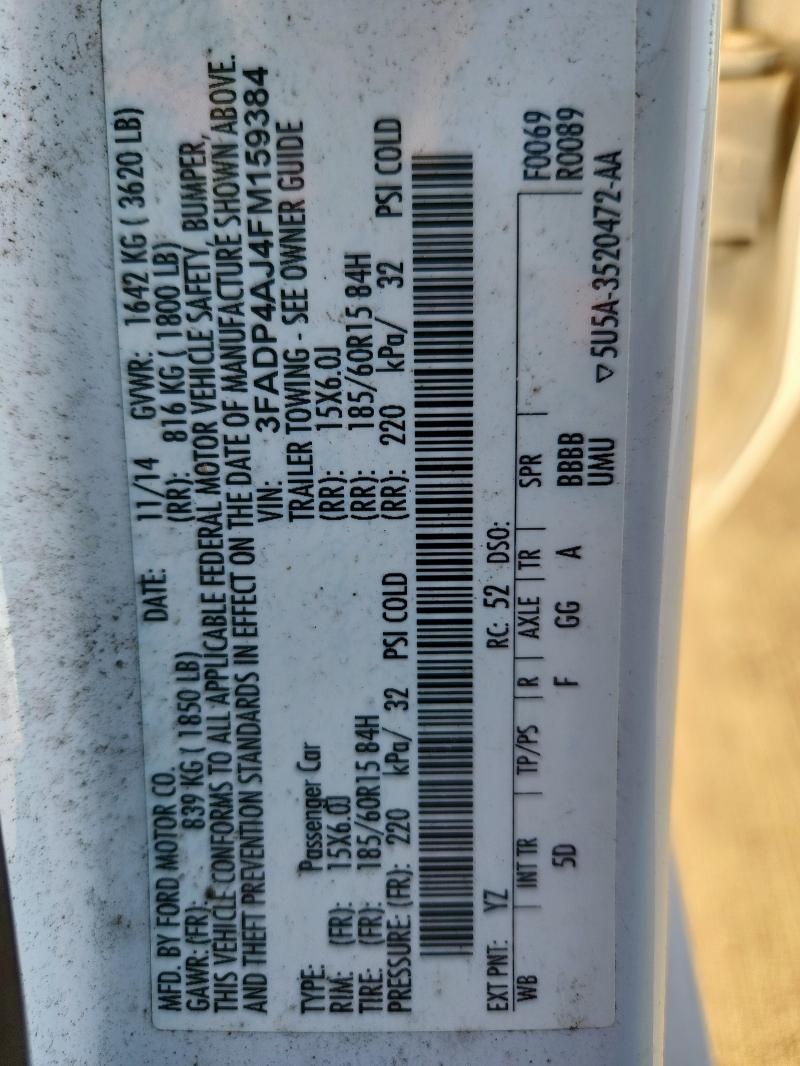 3FADP4AJ4FM159384 - 2015 FORD FIESTA S WHITE photo 13