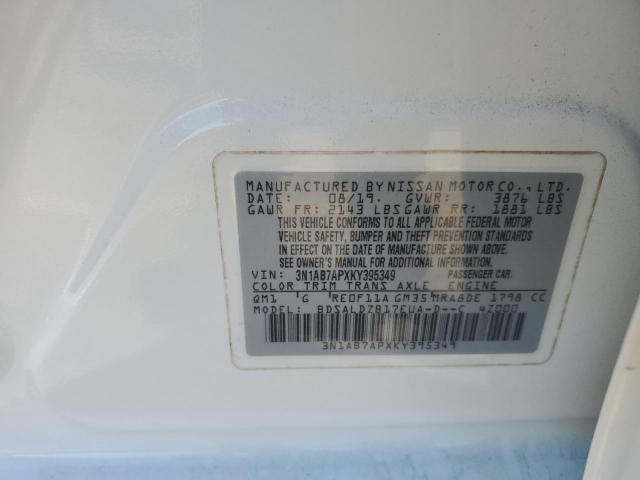 3N1AB7APXKY395349 - 2019 NISSAN SENTRA S WHITE photo 13