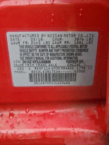 3N1AB7APXJL650688 - 2018 NISSAN SENTRA S წითელი ფოტო 12