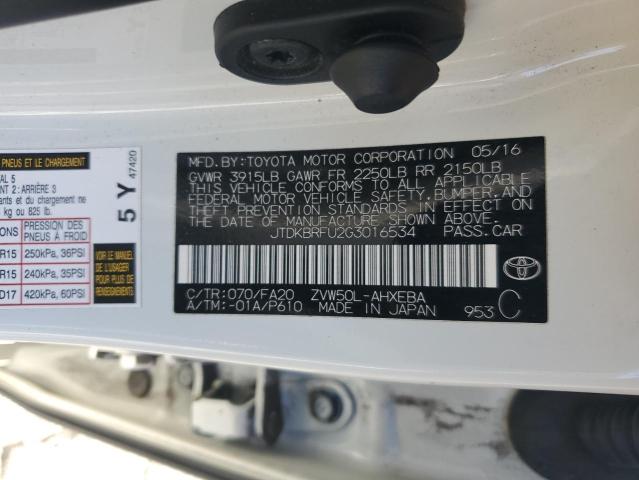 JTDKBRFU2G3016534 - 2016 TOYOTA PRIUS WHITE photo 13